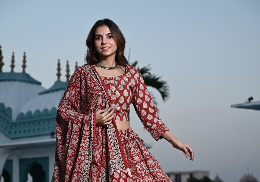 Earthy Charm Handblock Printed Cotton Lehenga Choli