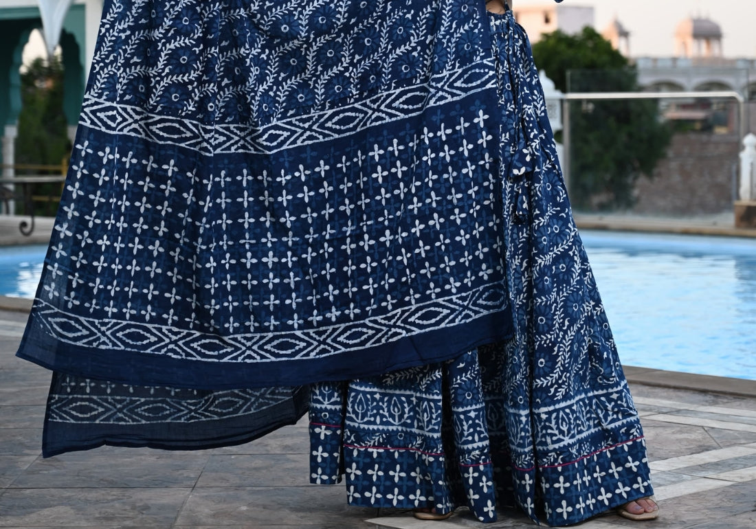 Indigo Whispers Ajrakh Printed Cotton Lehenga Choli
