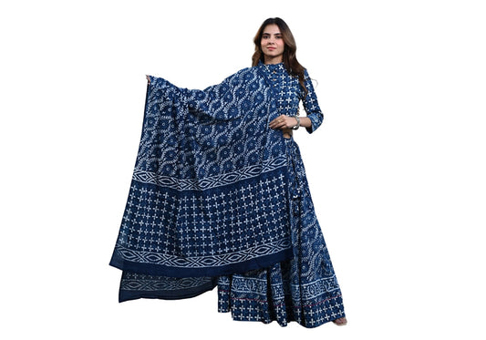 Indigo Whispers Ajrakh Printed Cotton Lehenga Choli