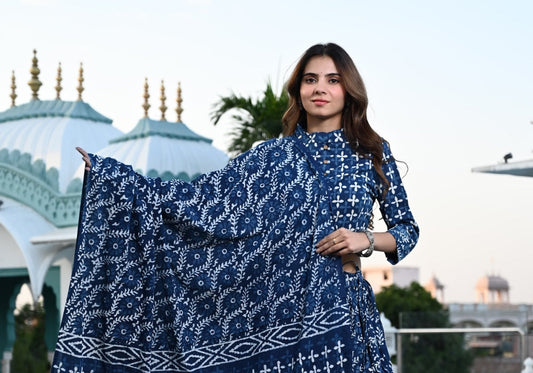 Indigo Whispers Ajrakh Printed Cotton Lehenga Choli